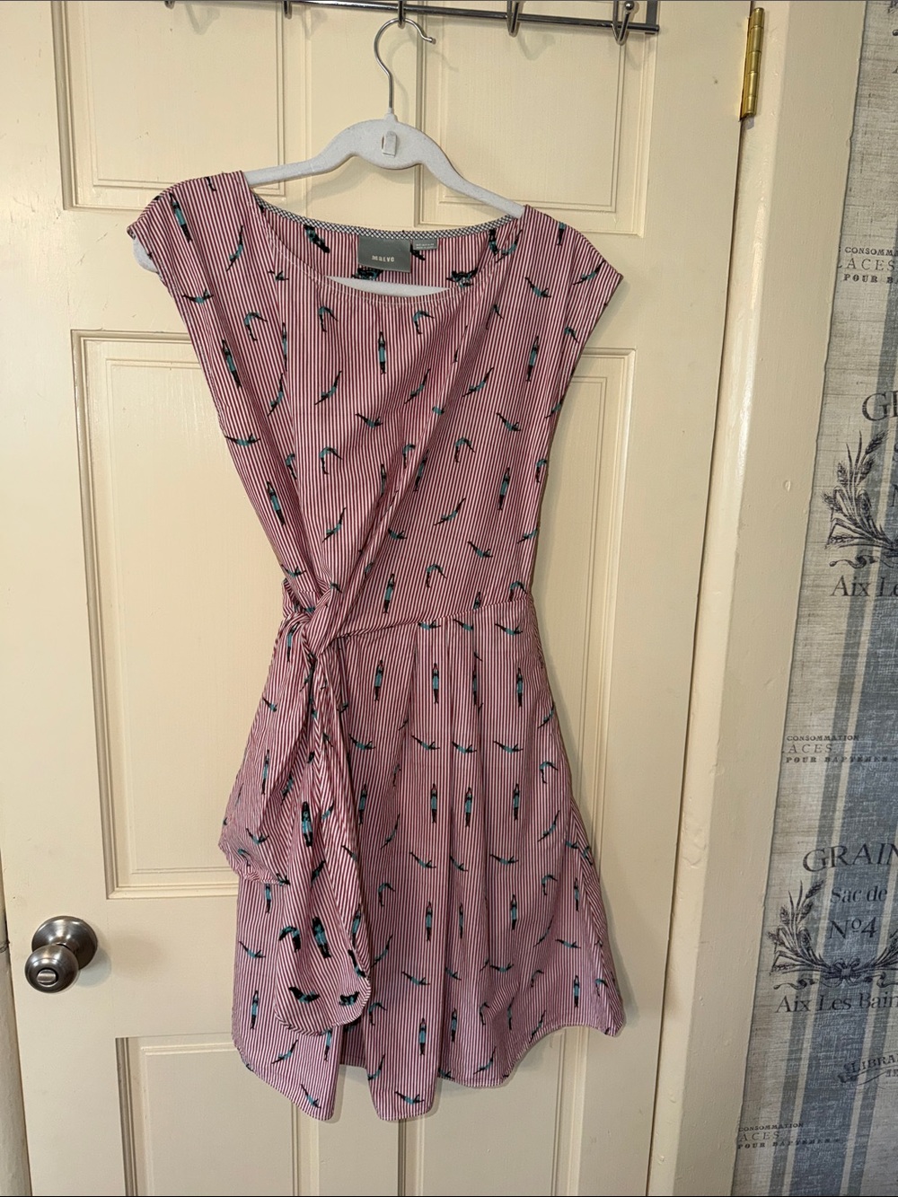 Maeve Pink Striped Tie-Waist Midi Dress with Teal Script Print